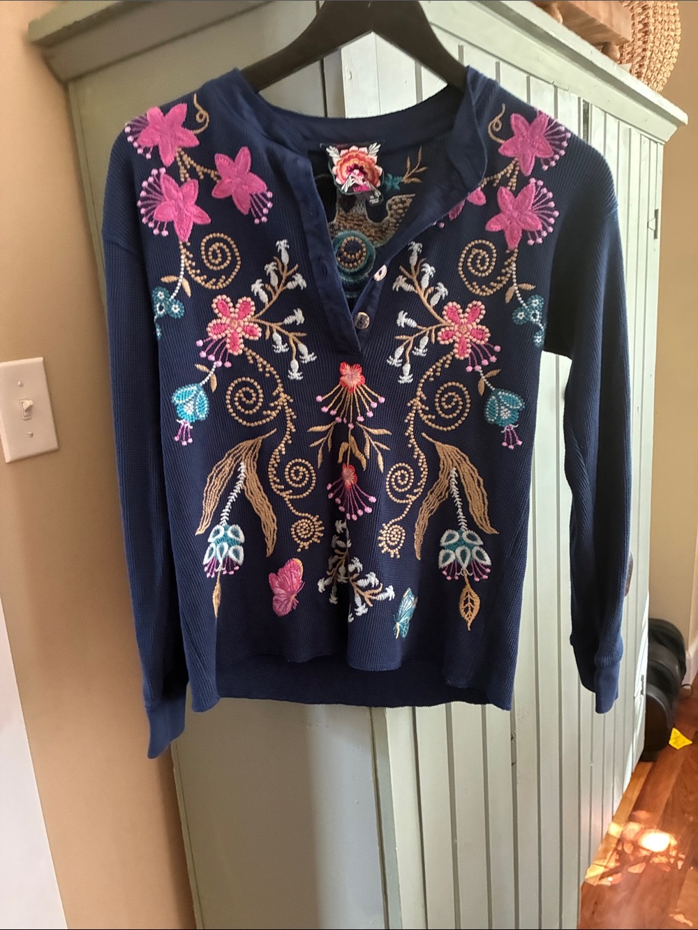 Johnny Was Navy Floral Embroidered V-Neck Sweater with Pink Accents